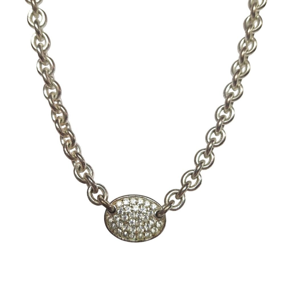 Anne Klein Silver Tone Oval Pendant Necklace Rhinestone